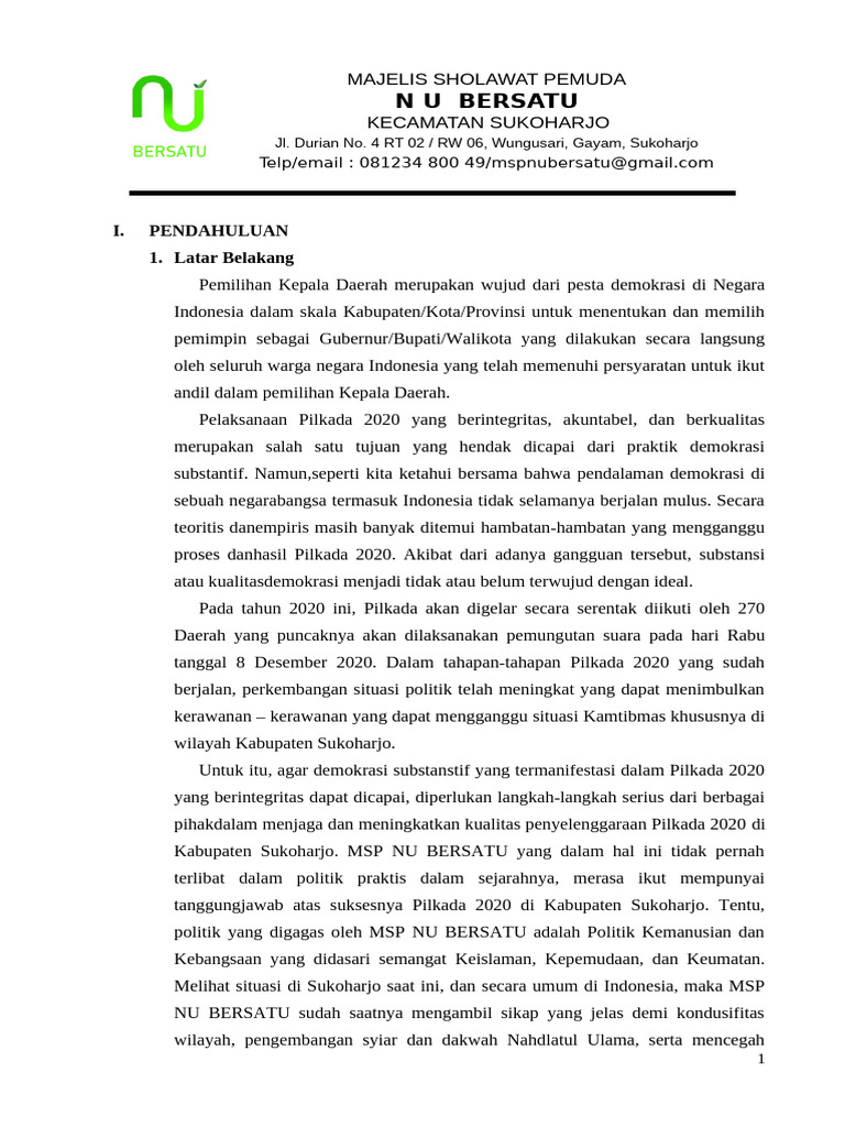 Proposal MSP NU BERSATU | PDF