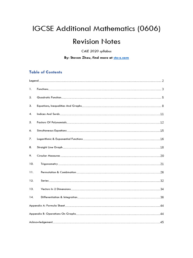 Additional Mathematics Revision Notes | PDF