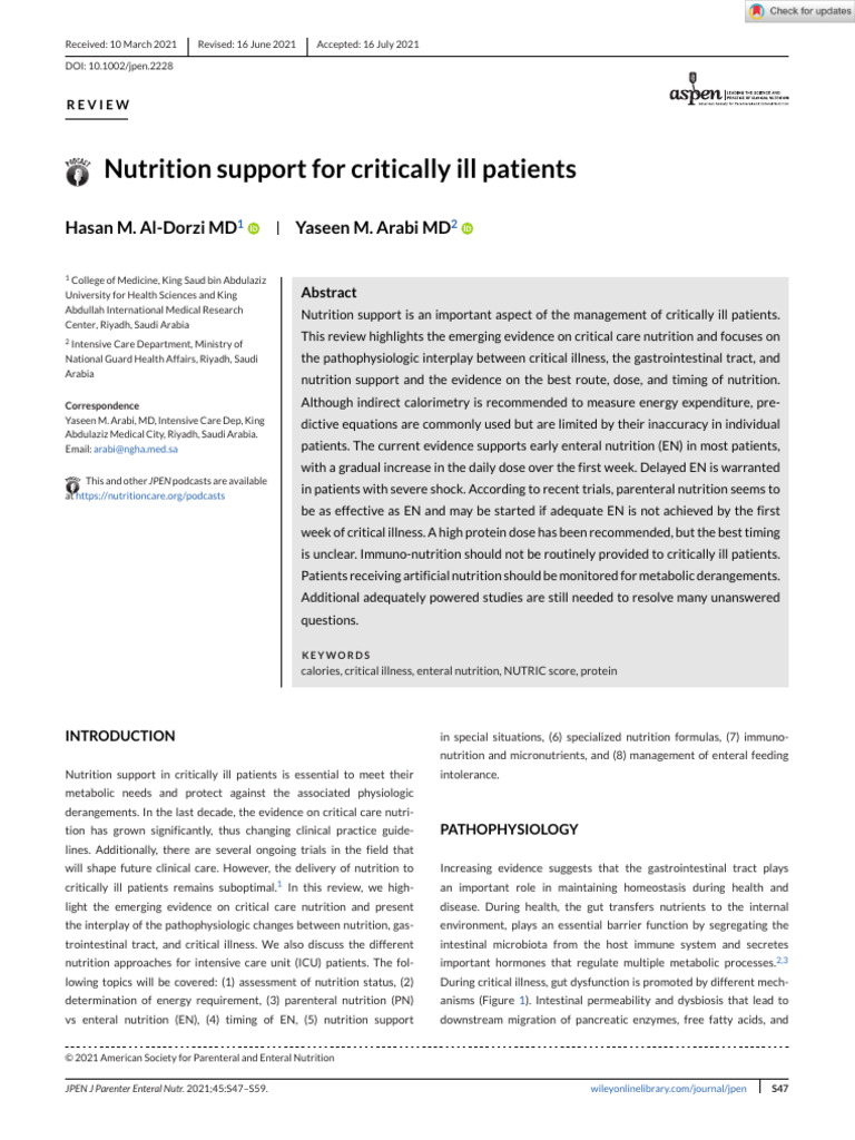 Nutrition Support For Critically Ill Patients | PDF