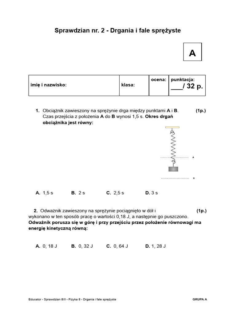 Sprawdzian Fizyka Klasa 8 Sprawdzian - Educator - Fizyka 8_II (A) | PDF