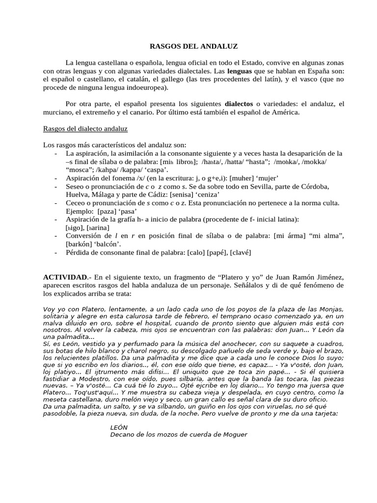 Rasgos Del Dialecto Andaluz PDF Lengua Espa ola Ling stica