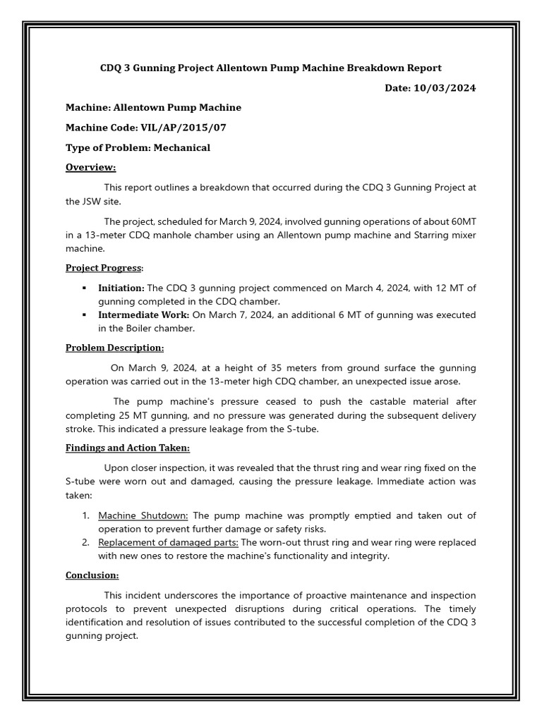 CDQ 3 Gunning Project Allentown Pump Machine Breakdown Report | PDF