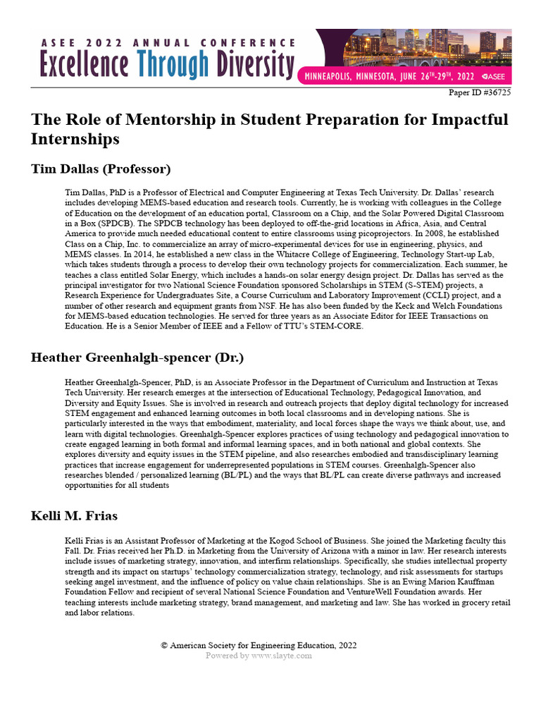 The Role of Mentorship in Student Preparation For Impactful Internships ...