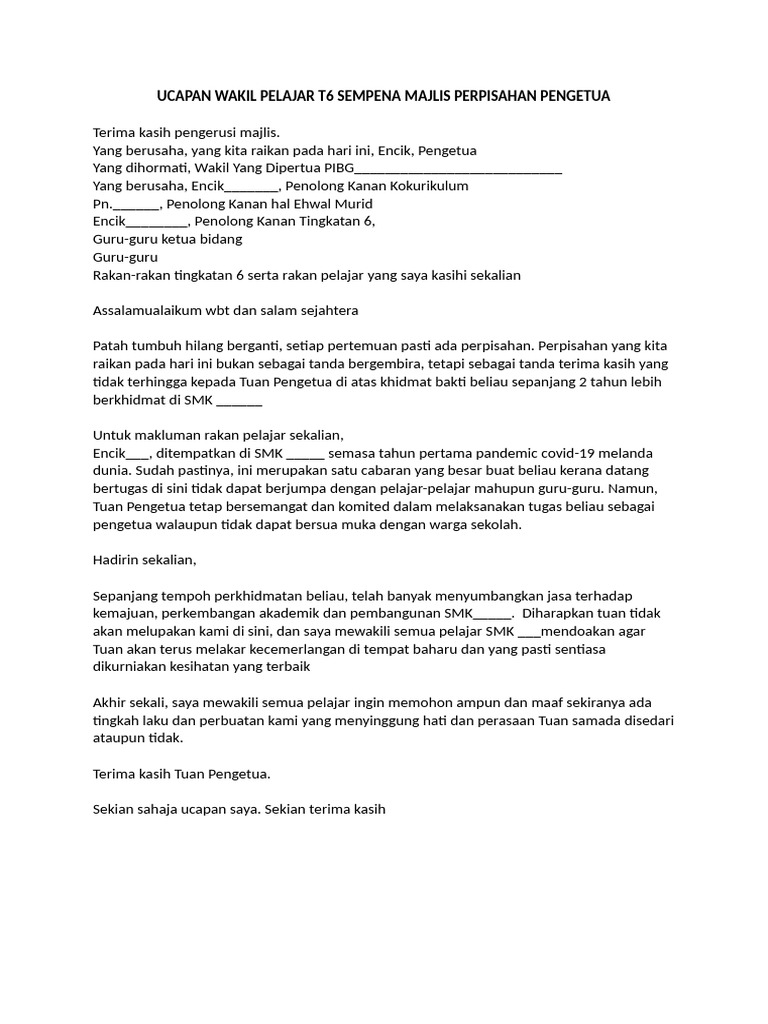 Ucapan Wakil Pelajar Sempena Majlis Perpisahan Pengetua Pdf