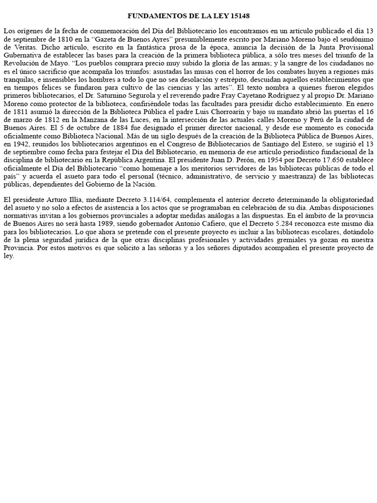 FundamentosLey 15148 | PDF | bibliotecario | Argentina