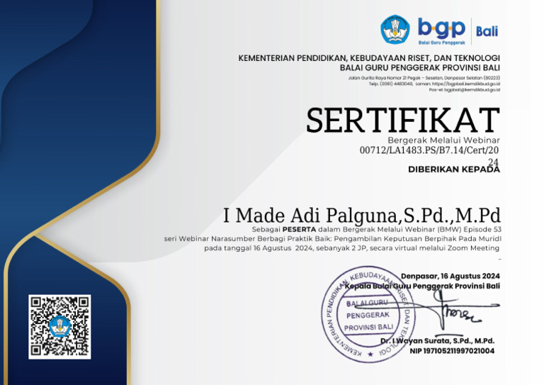 Sertifikat-Bgpbali I Made Adi Palguna, S.PD.,M.PD 16 Agustus 2024 | PDF