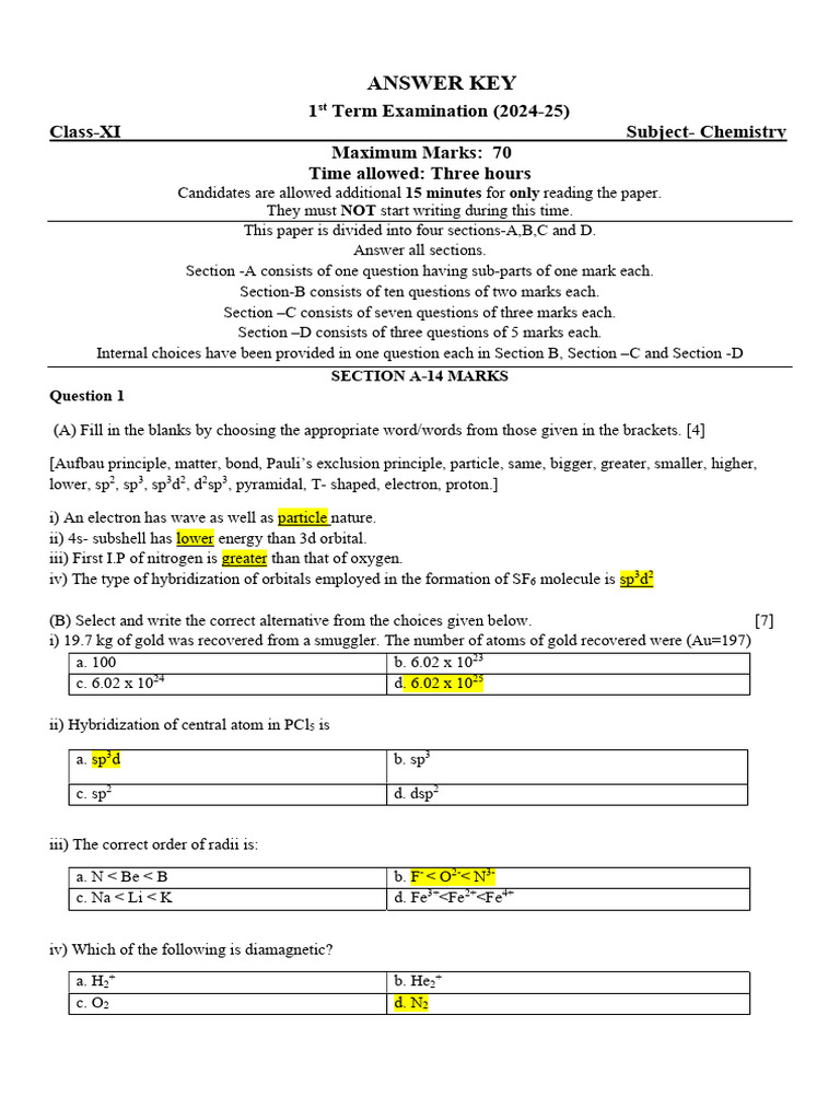 XI CHEMISTRY 1st Term - ANSWER KEY 060724 | PDF