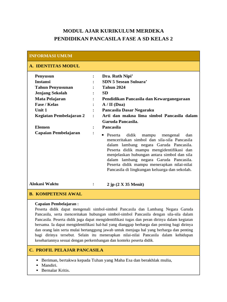 Modul Ajar Pendidikan Pancasila Fase A Kelas 2 | PDF