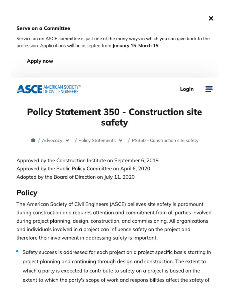 ASCE Policy Statement 350 - Construction Site Safety - ASCE | PDF