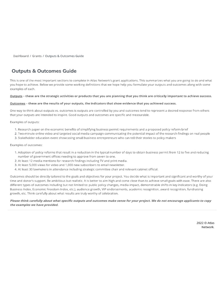 Outputs and Outcomes Atlas Network | PDF