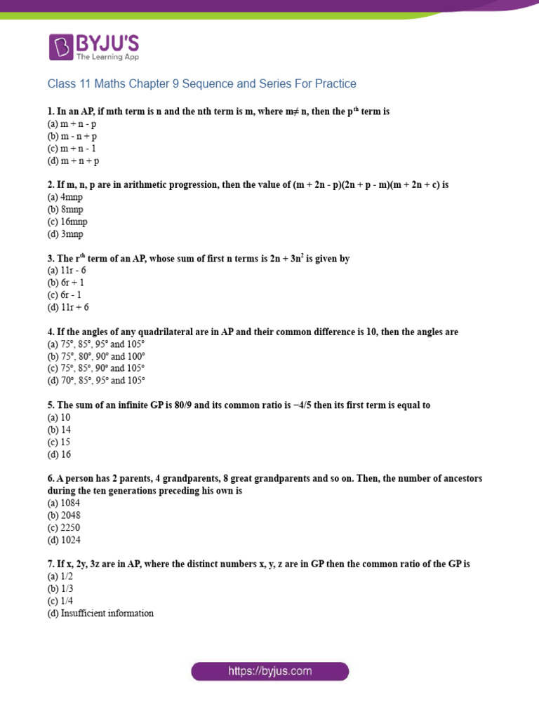 Class 11 Maths Chapter 9 Sequence and Series MCQs | PDF