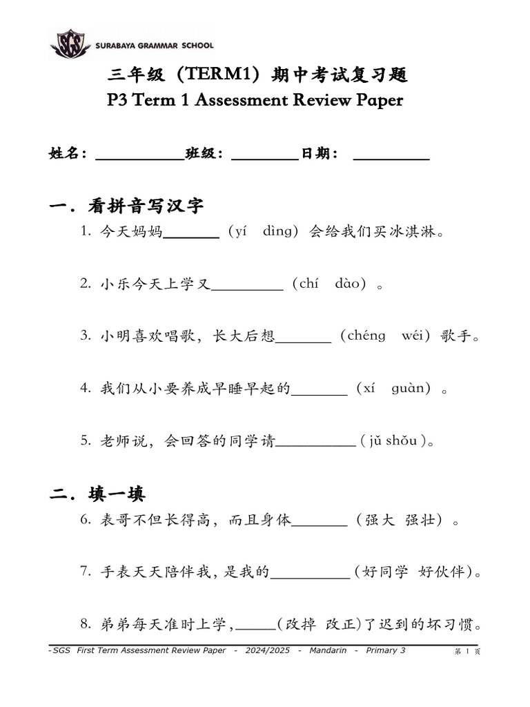 (REVIEW) P3 MANDARIN First Term Assessment 2024-2025 | PDF