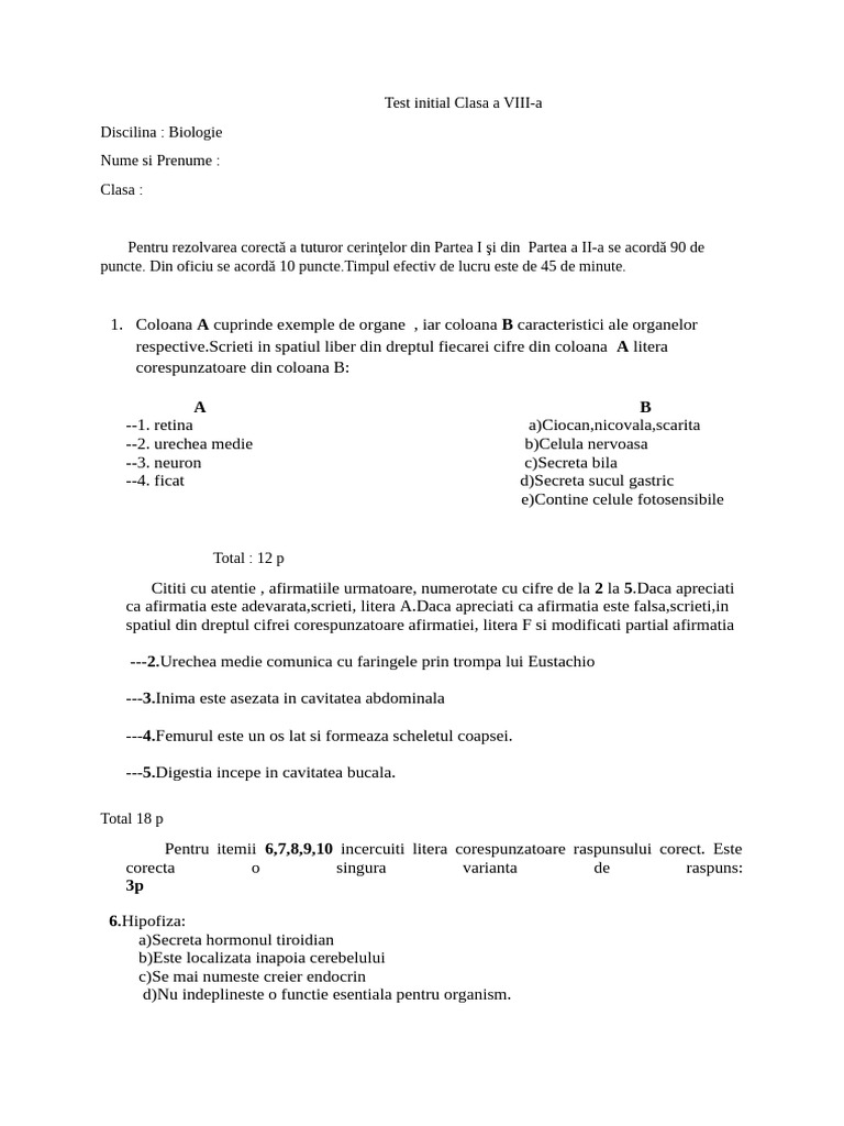 Test Initial Clasa A VIII-A Si Rezolvare | PDF