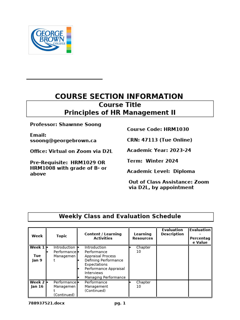 HRM1030 TUE Course SectionInfo CRN47113 | PDF
