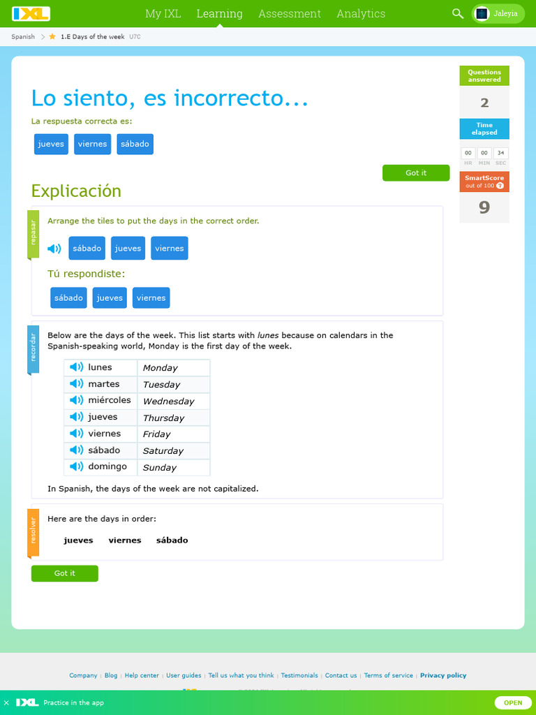 IXL Days of the week Spanish | PDF