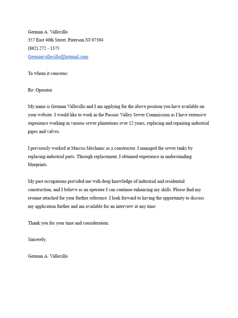 Cover Letter For German Vallecillo | PDF