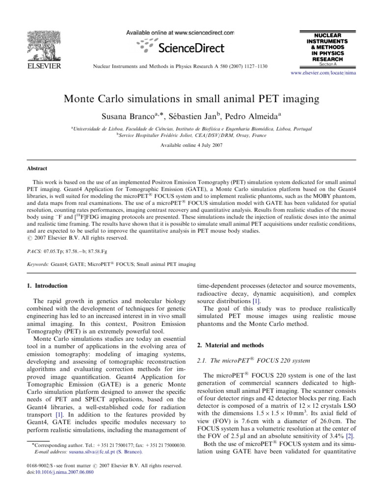 NIMA - Monte Carlo Simulations in Small Animal PET Imaging | PDF