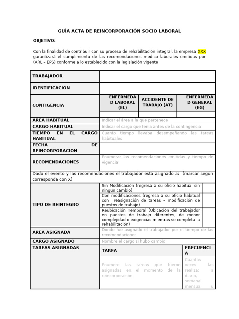 Anexo 2. Guía Acta de Reincorporación Socio Laboral | PDF