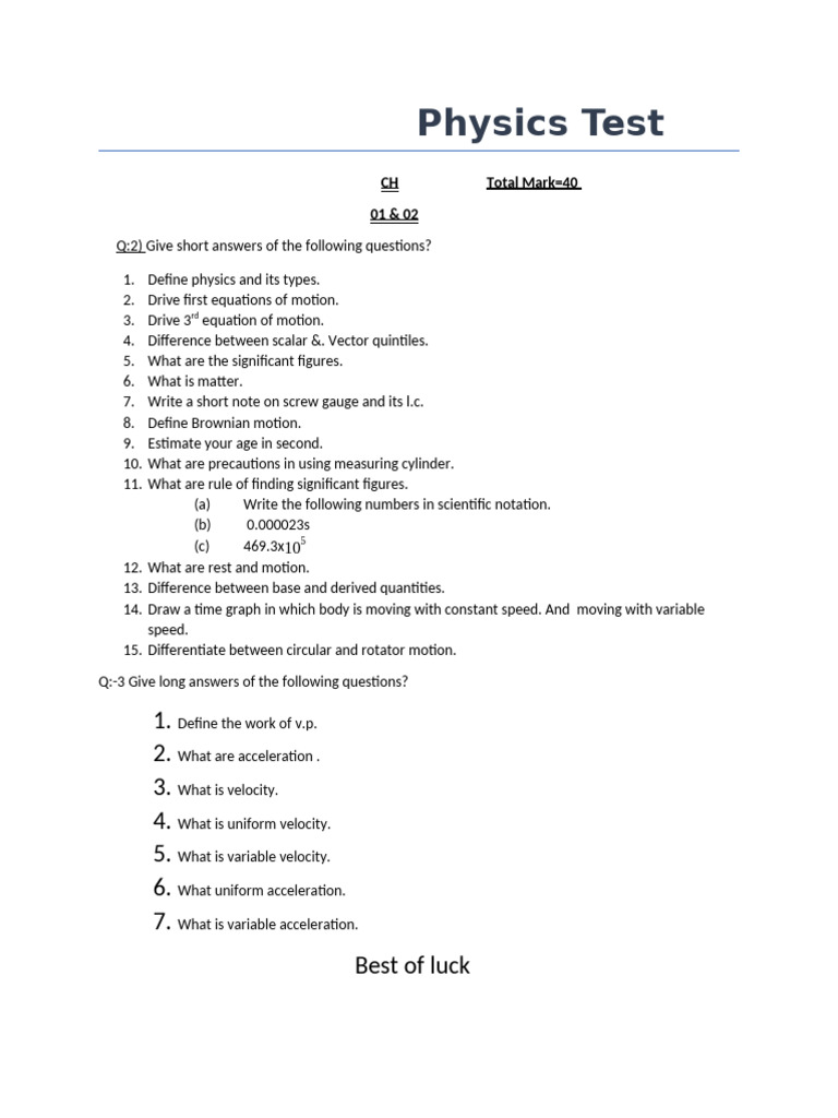 Physics Test Questions and Answers | PDF