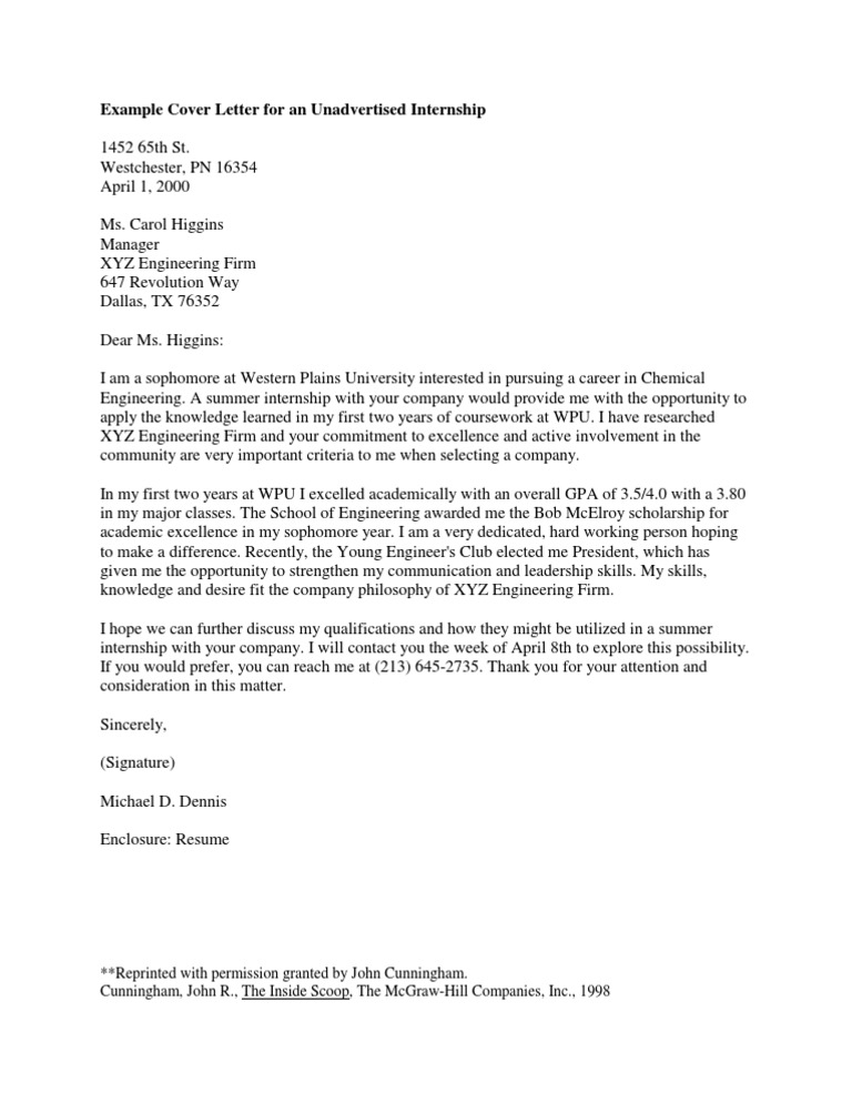 Cover Letter For Unadvertised Internship PDF