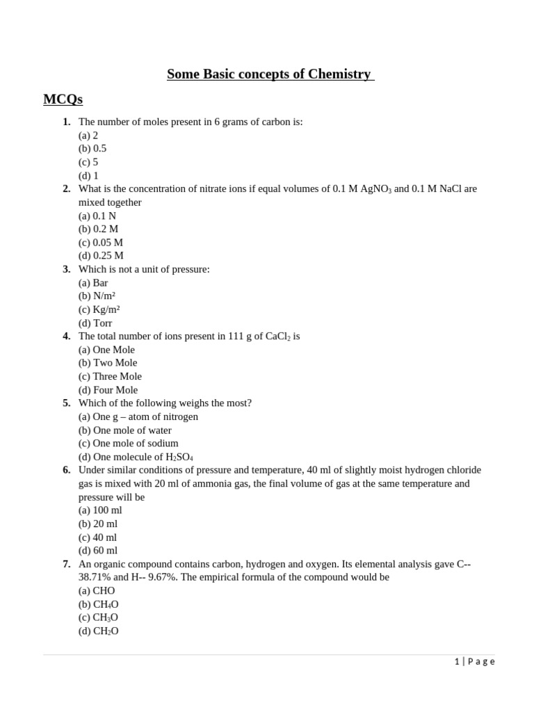 MCQs on Mole Concept and Chemistry | PDF | Mole (Unit) | Molecules