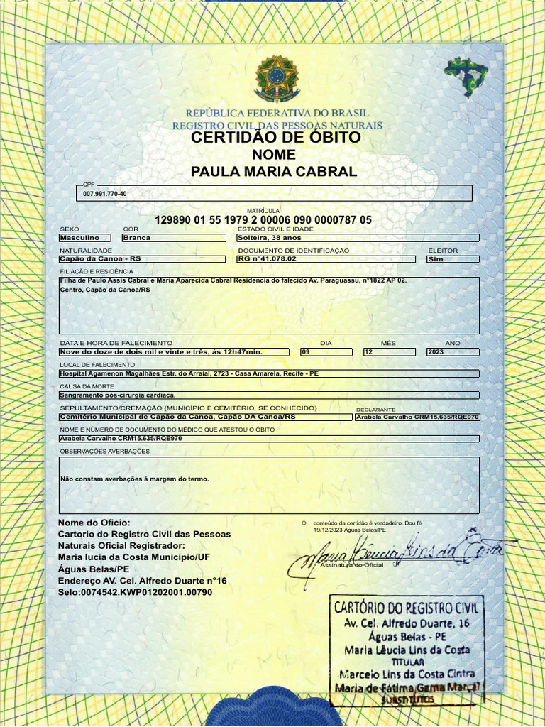 Certidão De Obito Paula Maria Cabral Pdf