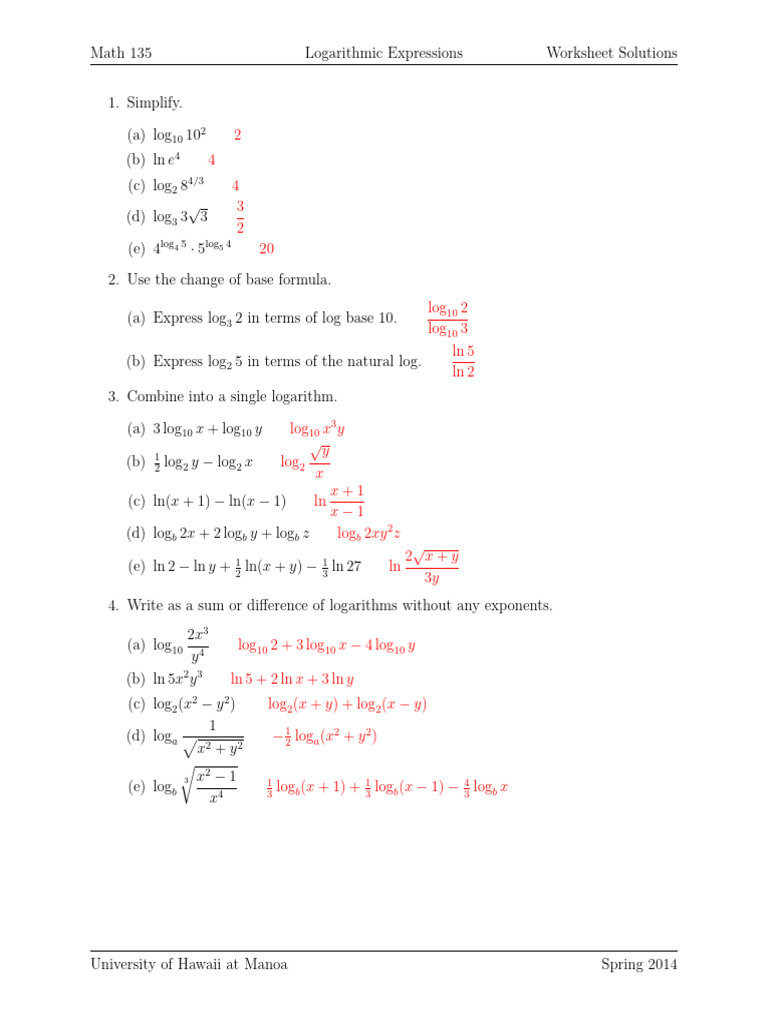 Simplifying Logarithmic Expressions - Worksheet | PDF