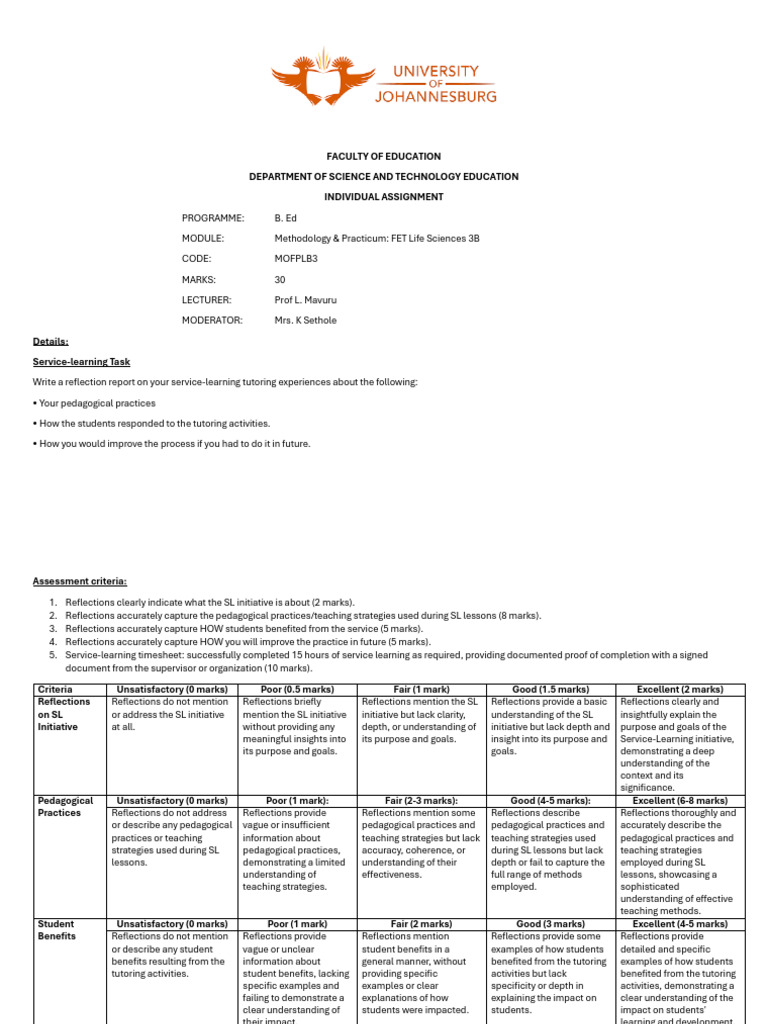 Service Learning Task - Rubric MOFPLB3 2024 | PDF