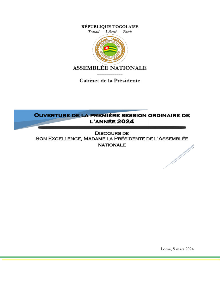 Discours Ouverture De La 1ere Session Ordinaire De Lannee 2024 Final Pdf