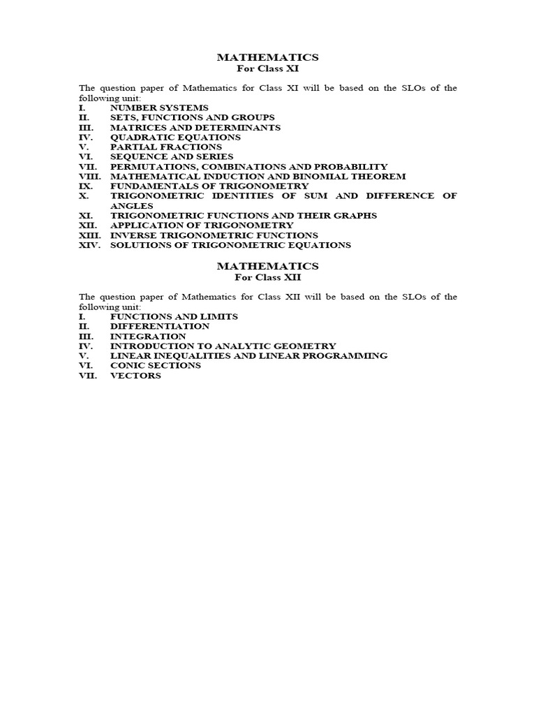 Curriculum of Mathematics XI-XII Along With SLOs | PDF