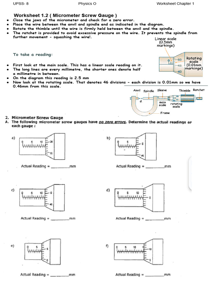 Worksheet 1.2 (Micrometer Screw Gauge) : To Take A Reading | PDF