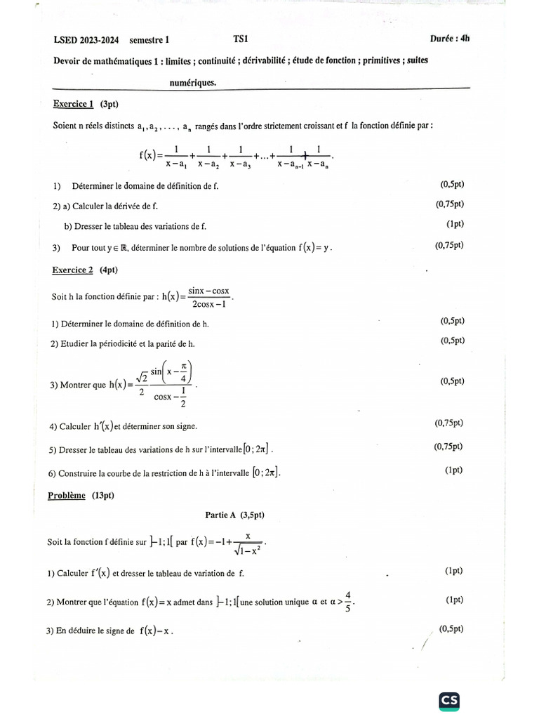 Évaluation Maths TS1 2023-2024 | PDF
