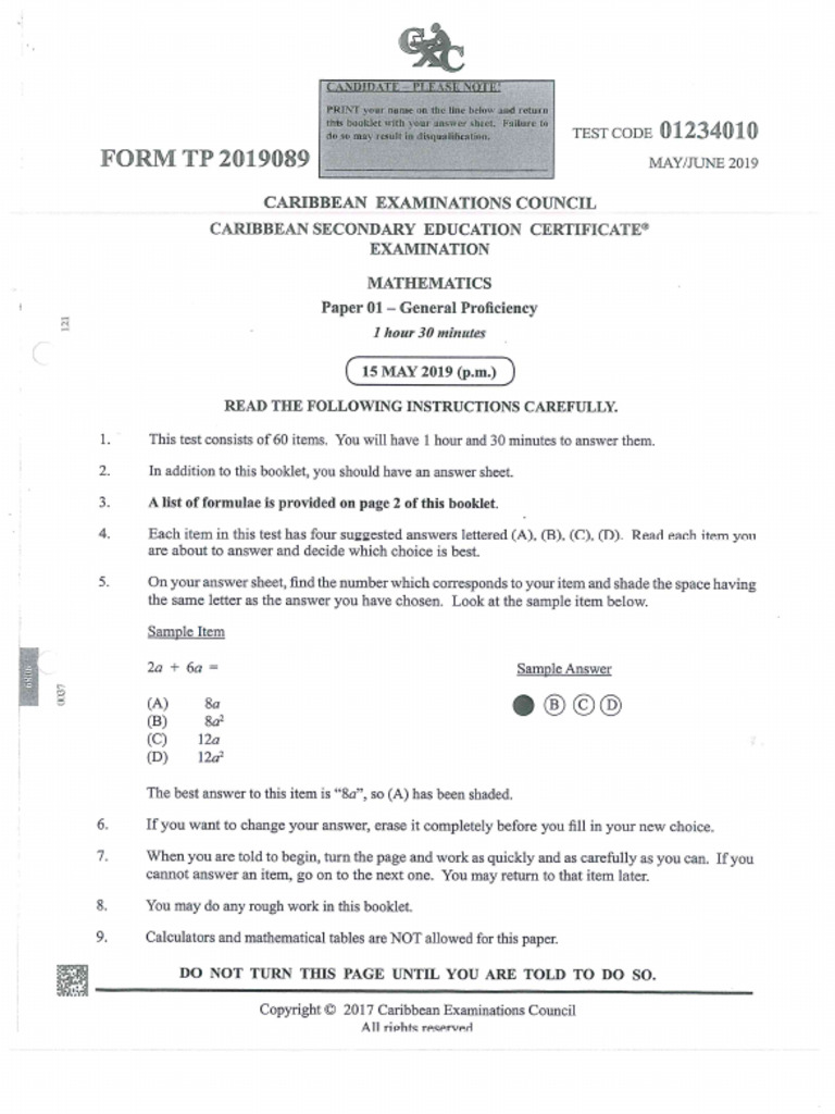 CSEC Mathematics P1 2019 | PDF
