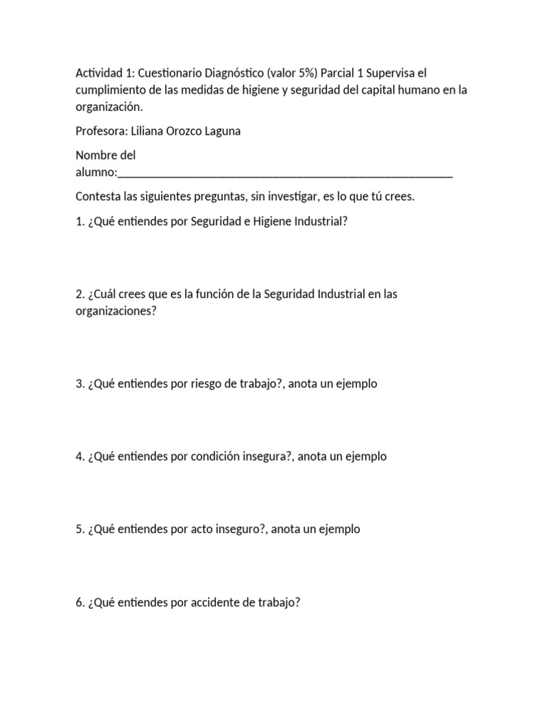 Cuestionario sobre Seguridad e Higiene Industrial | PDF