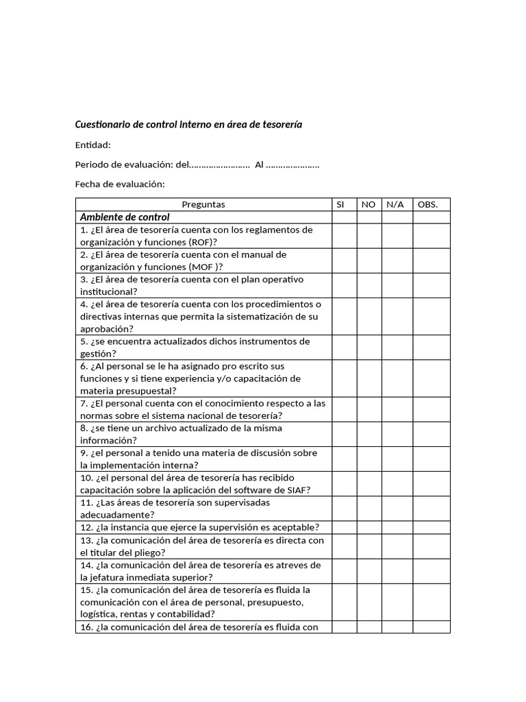 Cuestionario de Control Interno en Tesorería | PDF