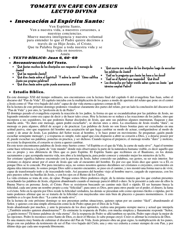 Lectio Divina Dominical XXI Del Tiempo Ordinario Ciclo B | PDF
