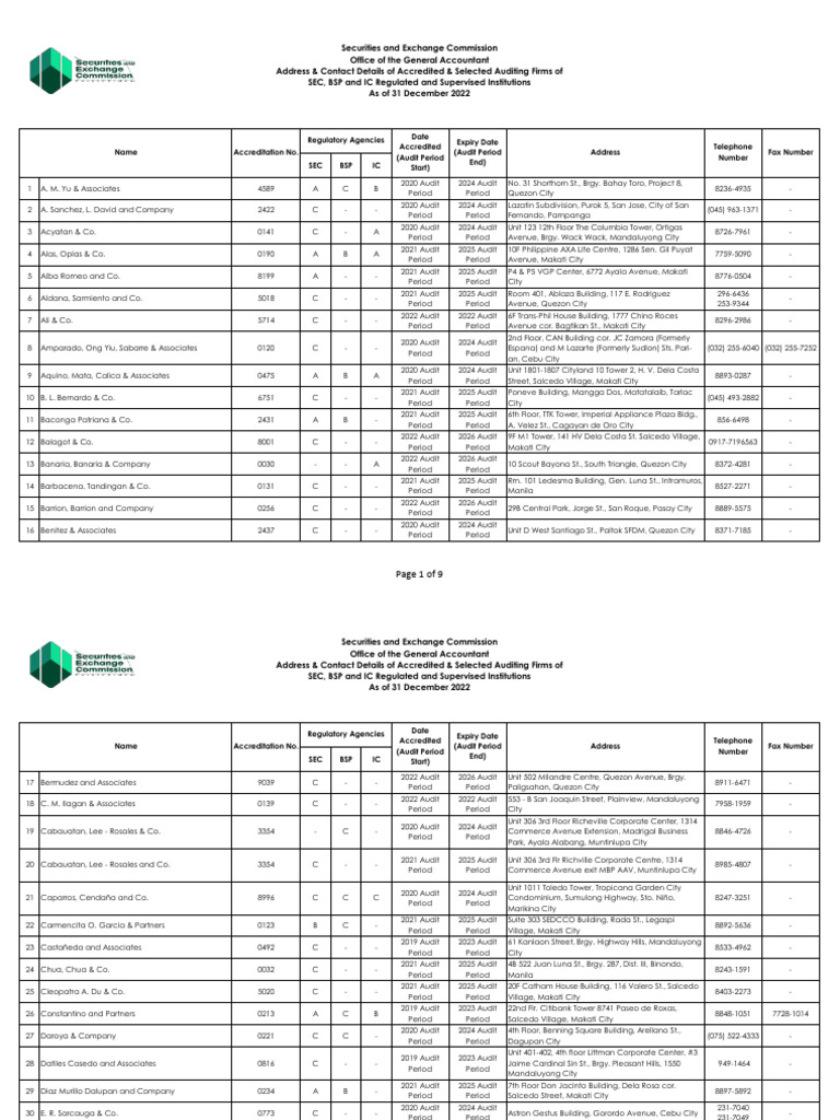 2023list - SEC BSP IC Accredited Auditing Firms As of 31dec2022 | PDF