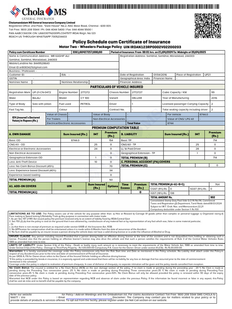 Policy Schedule Cum Certificate of Insurance: UIN ...