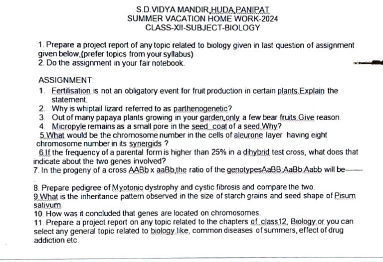 Biology Class 12 Holiday Assignment May 31, 2024 | PDF