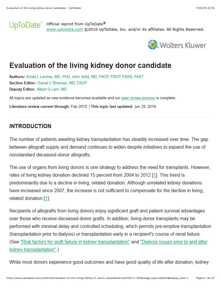 Evaluation of The Living Kidney Donor Candidate - UpToDate | PDF