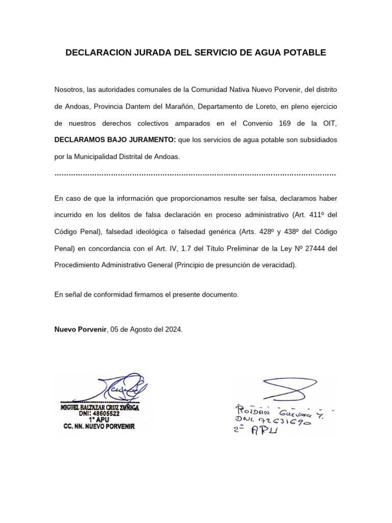 Declaracion Jurada Del Servicio de Agua Potable | PDF