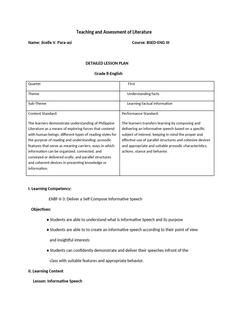 Detailed lesson plan for grade 8 english jicelle para asi pdf