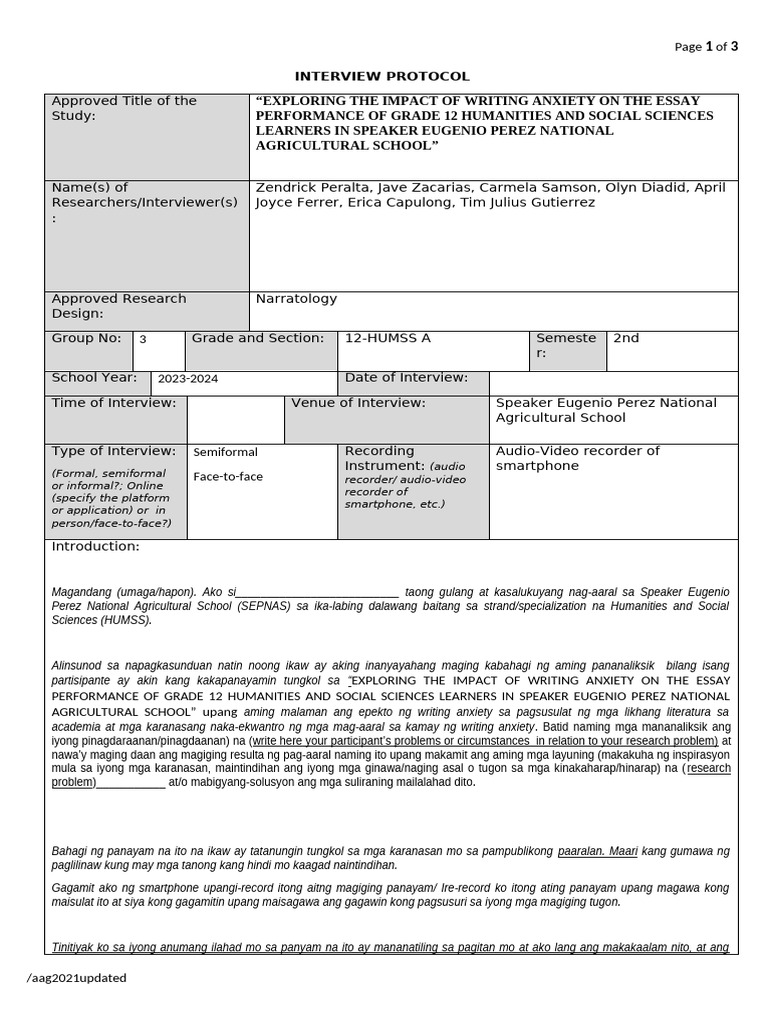 Interview Protocol - G3humssa12 Ok | PDF | Abnormal Psychology | Anxiety