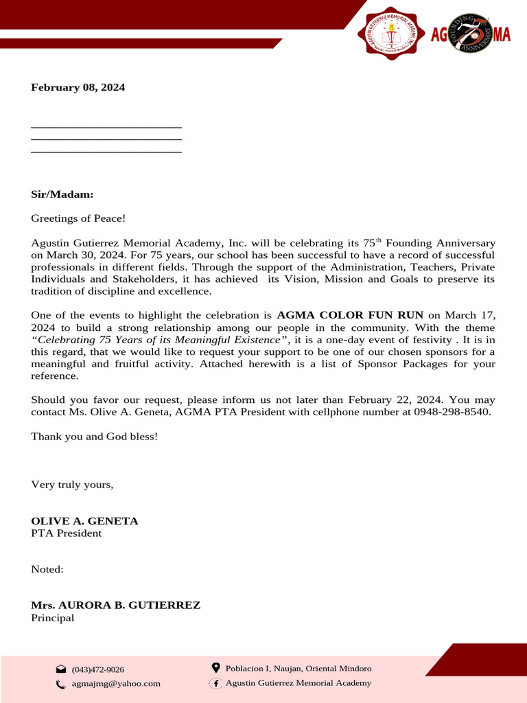 Sponsorship Letter For Color Fun Run | PDF