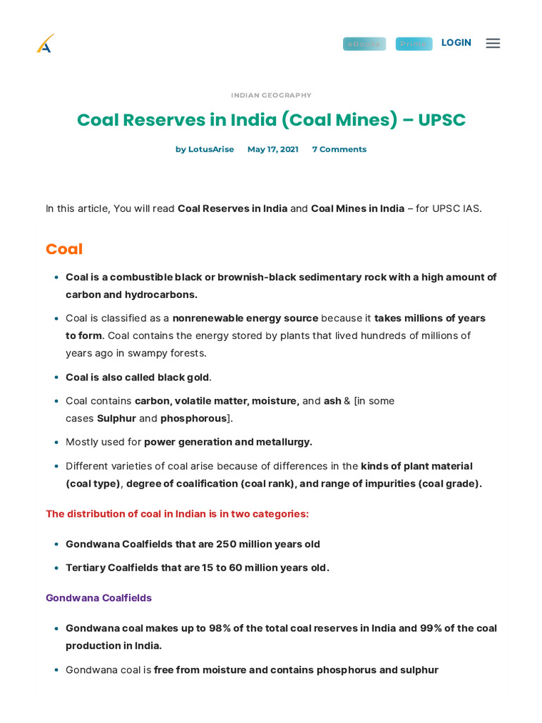 Coal Reserves In India Coal Mines Upsc Upsc Notes Lotusarise Pdf