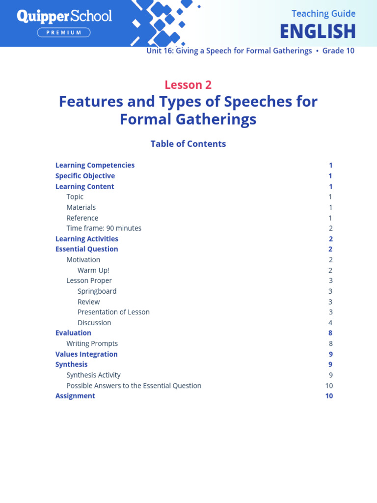 Pdf tg english 10 unit 16 lesson 2 features and types of speeches for
