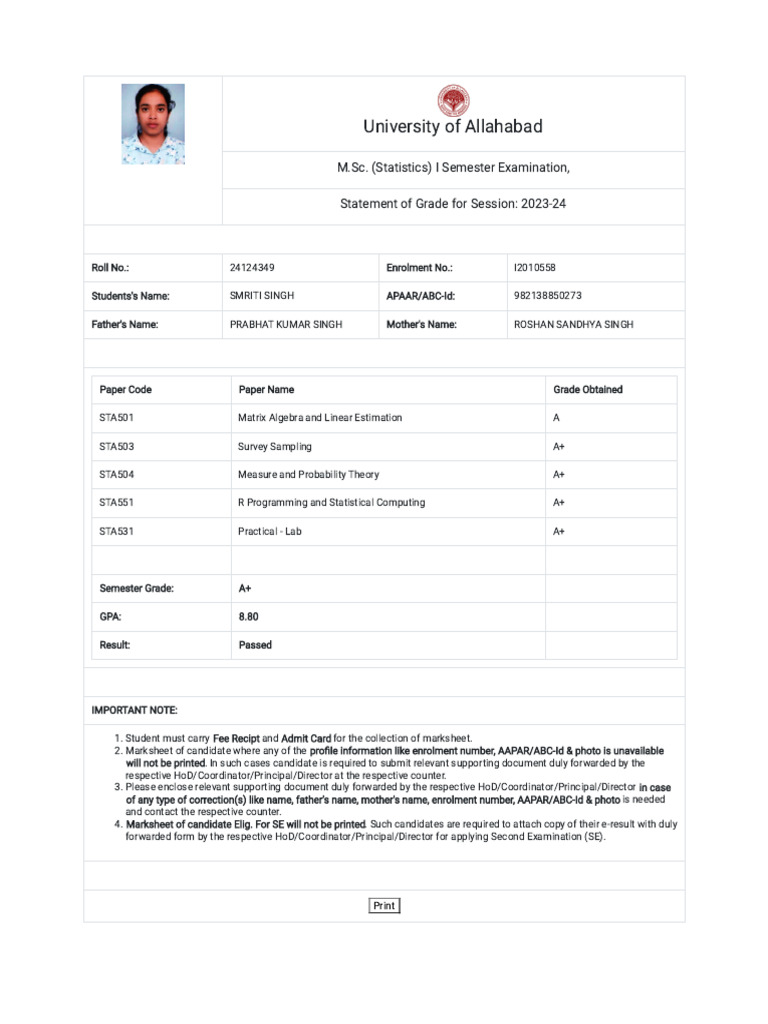 Statement of Grade - University of Allahabad | PDF