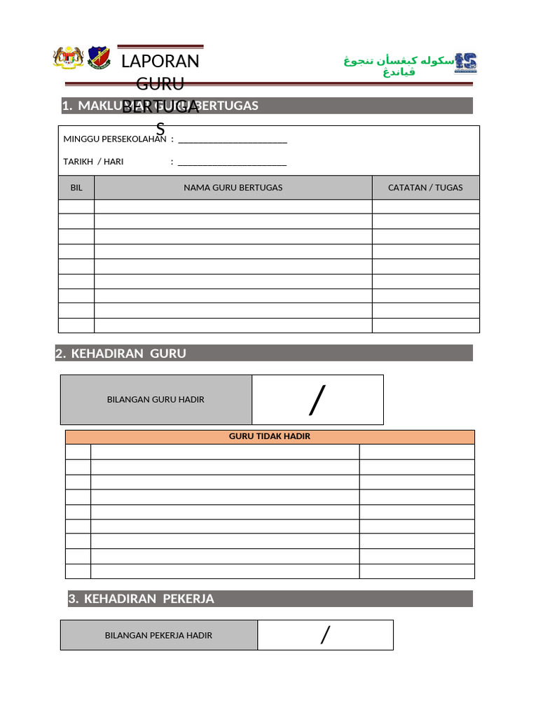 Borang Laporan Guru Bertugas 2024 2025 Pdf
