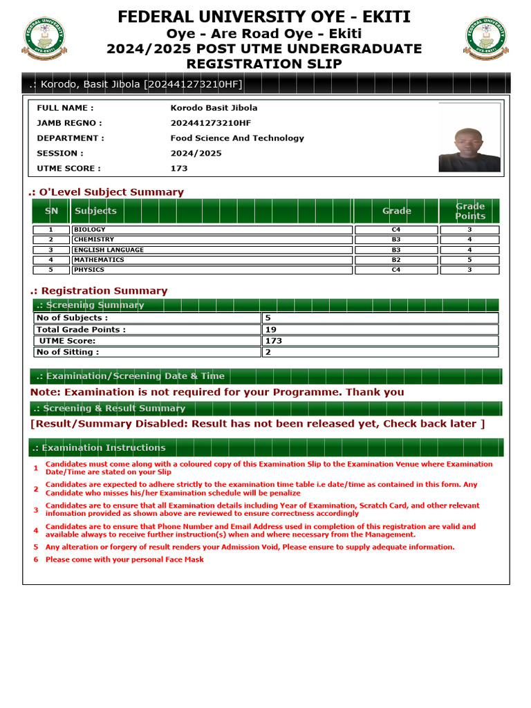 Korodo Basit Jibola Registration Slip | PDF