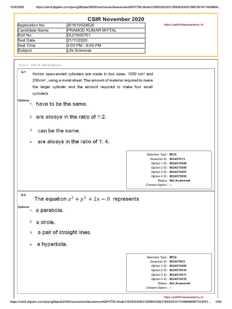Life Science 2020 Paper Shift 2 | PDF